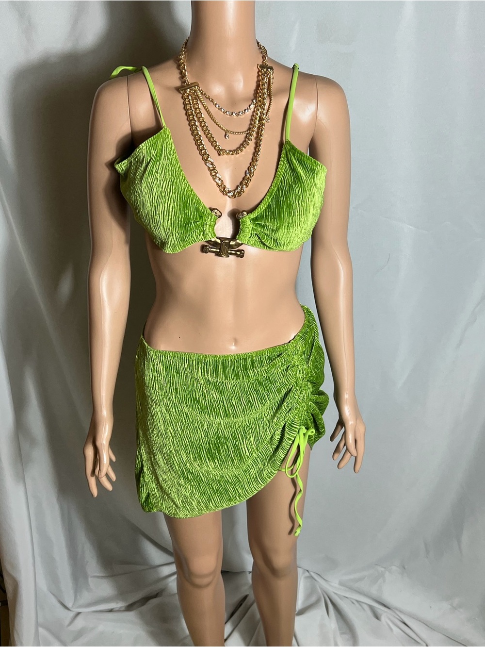 MICAS Green Crinkle Bikini Set Size M 3 Piece Skirt Cover Up Gold Hardware